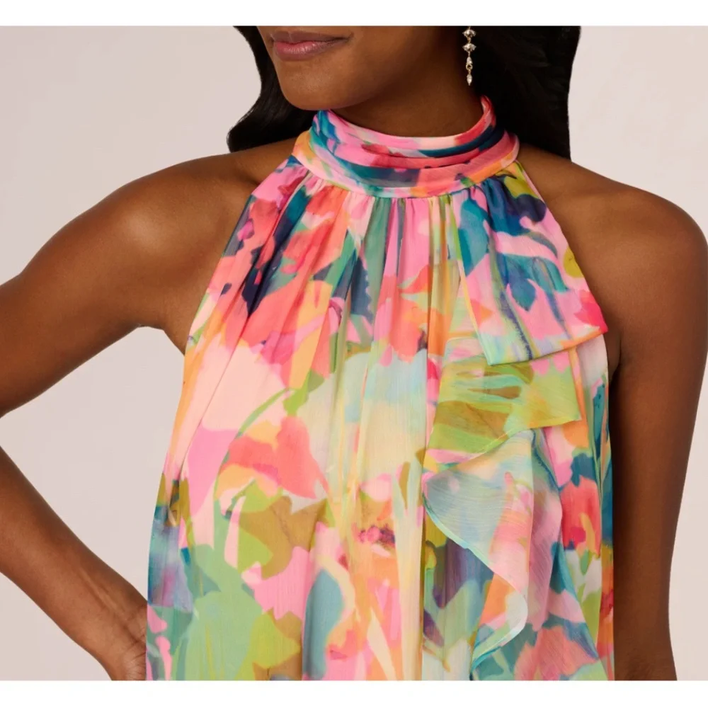 Adrianna Papell Floral Ruffle Chiffon Halter Trapeze Dress In Pink Multi - Picture 9 of 12